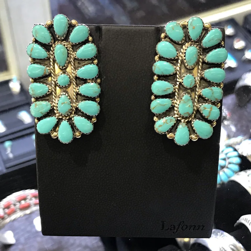 Turquoise earrings on display at Mitchell Jewelers